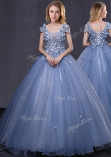 Scoop Floor Length Lavender 15 Quinceanera Dress Tulle Short Sleeves Appliques