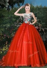 Dynamic Red Scoop Zipper Appliques and Belt Vestidos de Quinceanera Brush Train Sleeveless