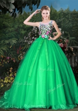 Scoop Green Ball Gowns Appliques and Belt 15th Birthday Dress Zipper Organza Sleeveless