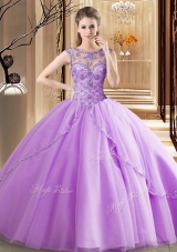 Suitable Scoop Sleeveless Vestidos de Quinceanera Brush Train Beading Lavender Tulle