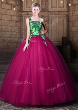 Romantic One Shoulder Sleeveless Floor Length Pattern Lace Up Quinceanera Gowns with Fuchsia