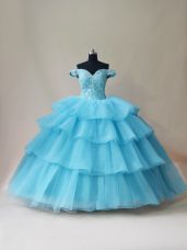 Custom Designed Aqua Blue Sleeveless Beading and Ruffled Layers Floor Length Quinceanera Gown