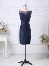 Satin Scoop Sleeveless Zipper Beading and Lace Prom Dresses in Navy Blue