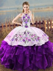 Fantastic Halter Top Sleeveless Organza Sweet 16 Dresses Embroidery and Ruffles Lace Up