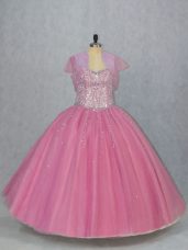 Deluxe Pink Sleeveless Beading Floor Length Quinceanera Dresses