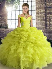 Yellow Green Sleeveless Floor Length Beading and Ruffles and Pick Ups Lace Up Vestidos de Quinceanera