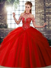 Clearance Red Sweet 16 Dress Tulle Brush Train Sleeveless Beading and Pick Ups