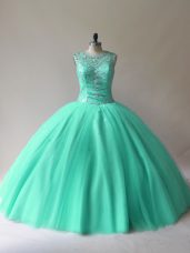 Modern Floor Length Aqua Blue Quinceanera Gown Tulle Sleeveless Beading