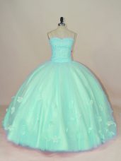 Sweetheart Sleeveless Quinceanera Dress Floor Length Hand Made Flower Apple Green Tulle