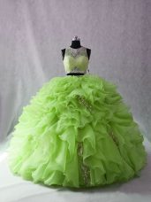 High End Ball Gowns Organza Scoop Sleeveless Beading and Ruffles Zipper Quinceanera Dresses Brush Train