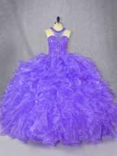 Purple Zipper Sweet 16 Dress Beading Sleeveless Floor Length