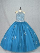 New Style Blue Sleeveless Beading and Appliques Floor Length Quinceanera Gown