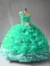 Clearance Turquoise Ball Gowns One Shoulder Sleeveless Organza Floor Length Lace Up Pick Ups and Hand Made Flower 15th Birthday Dress