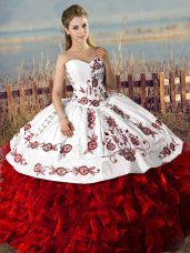 White And Red Ball Gowns Embroidery and Ruffles Ball Gown Prom Dress Lace Up Organza Sleeveless Floor Length