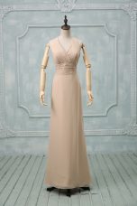 Fashionable Sleeveless Chiffon Floor Length Backless Prom Gown in Champagne with Ruching