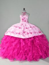 Hot Pink Halter Top Lace Up Embroidery and Ruffles Quinceanera Dress Court Train Sleeveless