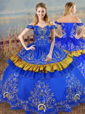 New Style Blue Ball Gowns Satin Off The Shoulder Sleeveless Embroidery Floor Length Lace Up Sweet 16 Dresses