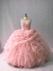 Popular Sleeveless Brush Train Beading and Ruffles and Pick Ups Lace Up Quinceanera Dress