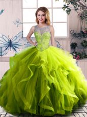 Cute Floor Length Olive Green Sweet 16 Dress Tulle Sleeveless Beading and Ruffles