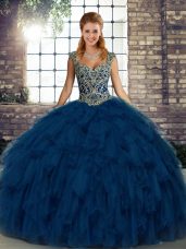 Nice Blue 15 Quinceanera Dress Military Ball and Sweet 16 and Quinceanera with Beading and Ruffles Straps Sleeveless Lace Up