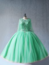 High Class Apple Green Lace Up Ball Gown Prom Dress Beading Long Sleeves Floor Length