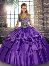 Ball Gowns Sweet 16 Quinceanera Dress Purple Straps Taffeta Sleeveless Floor Length Lace Up