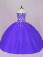 Blue and Purple Tulle Lace Up Sweetheart Sleeveless Floor Length Quinceanera Gown Beading