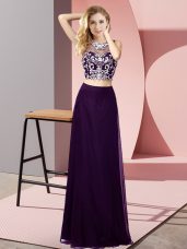 Sexy Beading Juniors Evening Dress Purple Backless Sleeveless Floor Length