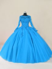 Floor Length Blue Ball Gown Prom Dress Scalloped Long Sleeves Zipper