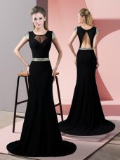 Colorful Black Short Sleeves Sweep Train Sequins Prom Gown