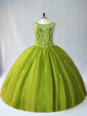 Best Sleeveless Floor Length Beading Lace Up 15 Quinceanera Dress with Olive Green