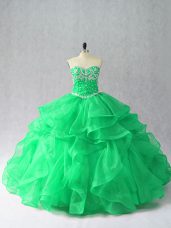 High Quality Sweetheart Sleeveless Sweet 16 Quinceanera Dress Floor Length Beading and Ruffles Green Organza