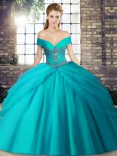 Luxury Teal Off The Shoulder Lace Up Beading and Pick Ups Quinceanera Dress Brush Train Sleeveless