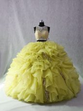 Wonderful Scoop Sleeveless Sweet 16 Dresses Brush Train Beading and Ruffles Yellow Green Organza and Sequined