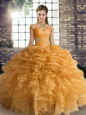 Beautiful Orange Sleeveless Beading and Ruffles and Pick Ups Floor Length Vestidos de Quinceanera