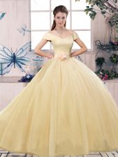 Champagne Ball Gowns Lace and Hand Made Flower Vestidos de Quinceanera Lace Up Tulle Short Sleeves Floor Length