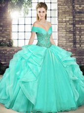 Custom Design Apple Green Lace Up Vestidos de Quinceanera Beading and Ruffles Sleeveless Floor Length