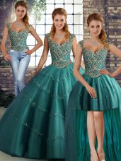 Straps Sleeveless Lace Up Ball Gown Prom Dress Teal Tulle