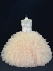 Champagne Scoop Lace Up Beading and Ruffles Sweet 16 Dresses Sleeveless