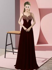 Sleeveless Chiffon Floor Length Zipper Prom Evening Gown in Burgundy with Beading