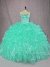 Fitting Organza Strapless Sleeveless Lace Up Beading and Ruffles Quinceanera Gown in Turquoise