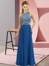 On Sale Blue Empire Scoop Sleeveless Chiffon Floor Length Side Zipper Beading Prom Dresses