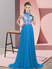 Shining Beading Evening Dresses Blue Backless Sleeveless Brush Train