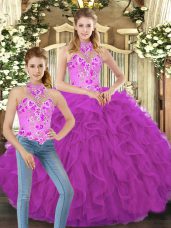 Trendy Floor Length Fuchsia Sweet 16 Quinceanera Dress Tulle Sleeveless Embroidery and Ruffles