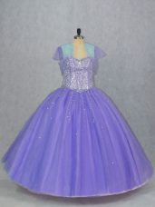 Fine Lavender Ball Gowns Sweetheart Sleeveless Tulle Floor Length Lace Up Beading Quince Ball Gowns