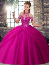 Fuchsia Sleeveless Brush Train Beading and Pick Ups Quinceanera Gown