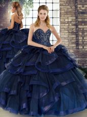 Sweetheart Sleeveless Tulle Ball Gown Prom Dress Beading and Ruffles Lace Up