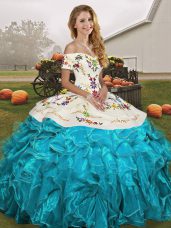 Colorful Aqua Blue Organza Lace Up Quinceanera Dress Sleeveless Floor Length Embroidery and Ruffles