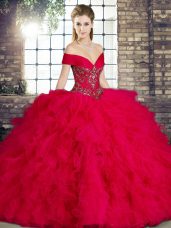 Flirting Ball Gowns Quinceanera Dresses Red Off The Shoulder Tulle Sleeveless Floor Length Lace Up