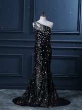 Black Mermaid One Shoulder Sleeveless Sequined Brush Train Backless Beading Juniors Evening Dress